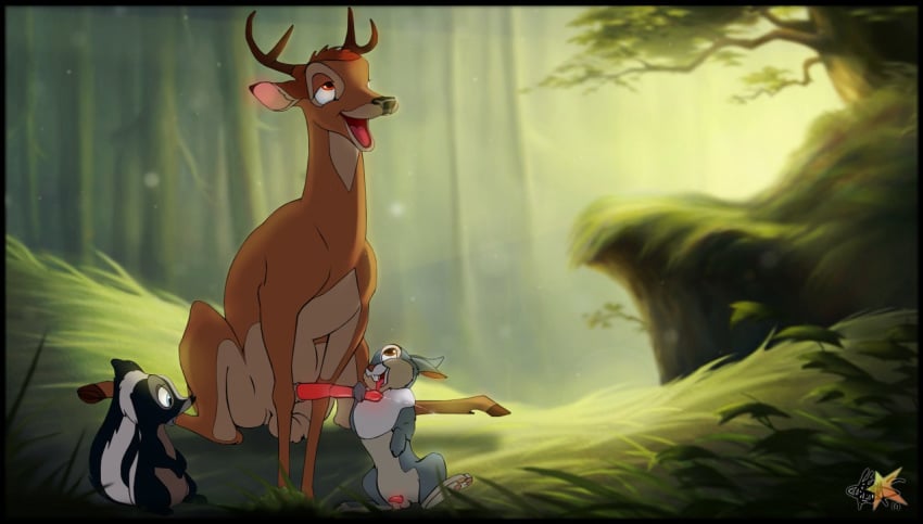 2014 3boys anatomically_correct anatomically_correct_penis balls bambi_(character) bambi_(film) being_watched cervine cervine_penis cum cumshot deer disney duo erection feral feral_on_feral flower_(bambi) furry furry_only gay half-closed_eyes klaus_doberman lagomorph looking_pleasured looking_up male male_only mammal on_haunches oral orgasm orgasm_face outdoors penis rabbit sex sitting size_difference skunk testicles thumper yaoi