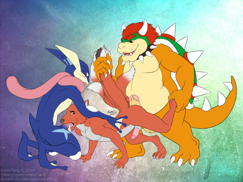 2014 amphibian anthro ass balls big_dom_small_sub blush bowser canine chubby claws closed_eyes crossover cum cum_inside erection fox frog fur greninja group group_sex hair horn kattotang koopa male mammal mario_(series) multiple_tails ninja nintendo nude open_mouth oral penetration penis plain_background pokemon pokemon_(species) red_eyes red_fur reptile scalie sex shell size_difference smile spikes teeth threesome tongue tongue_out yaoi