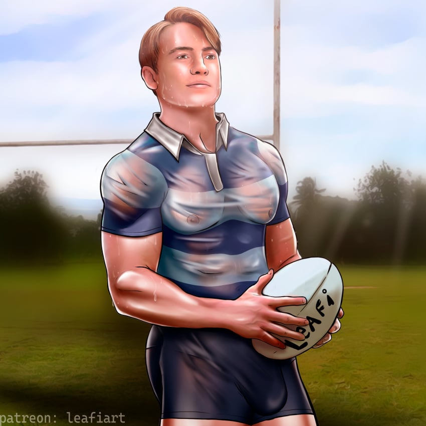 1boy balls big_male big_muscles big_nipples big_pecs pecs rugby rugby_uniform sweaty_body sweaty_shirt wet_clothes white_body white_skin