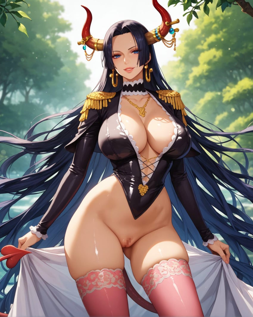 1girls ai_generated alex-schura bangs black_hair blue_eyes boa_hancock bottomless breasts choker cleavage clothing contrapposto curvaceous curvaceous_female curvaceous_figure curvy curvy_figure day demon_horns demon_tail dress earrings epaulettes female female female_focus female_only fingernails fringe_trim holding horns huge_breasts inviting inviting_to_sex jewelry large_breasts legwear lips long_hair long_sleeves looking_at_viewer nature navel necklace nipples nopan one_piece outdoors parted_bangs parted_lips pink_thighhighs presenting presenting_ass presenting_breasts presenting_hindquarters presenting_pussy seductive seductive_look seductive_smile skindentation smile solo standing tail teeth thick_thighs thighhighs thighs tree vagina very_long_hair voluptuous voluptuous_female