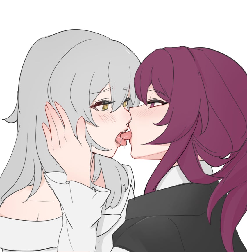 2girls black_jacket blush commentary english_commentary eye_contact french_kiss grey_hair hand_on_another's_face highres honkai:_star_rail honkai_(series) jacket kafka_(honkai:_star_rail) kiss long_hair long_sleeves looking_at_another multiple_girls off_shoulder purple_eyes purple_hair saliva shirt simple_background stelle_(honkai:_star_rail) tongue tongue_out trailblazer_(honkai:_star_rail) upper_body white_background white_shirt yellow_eyes yuri