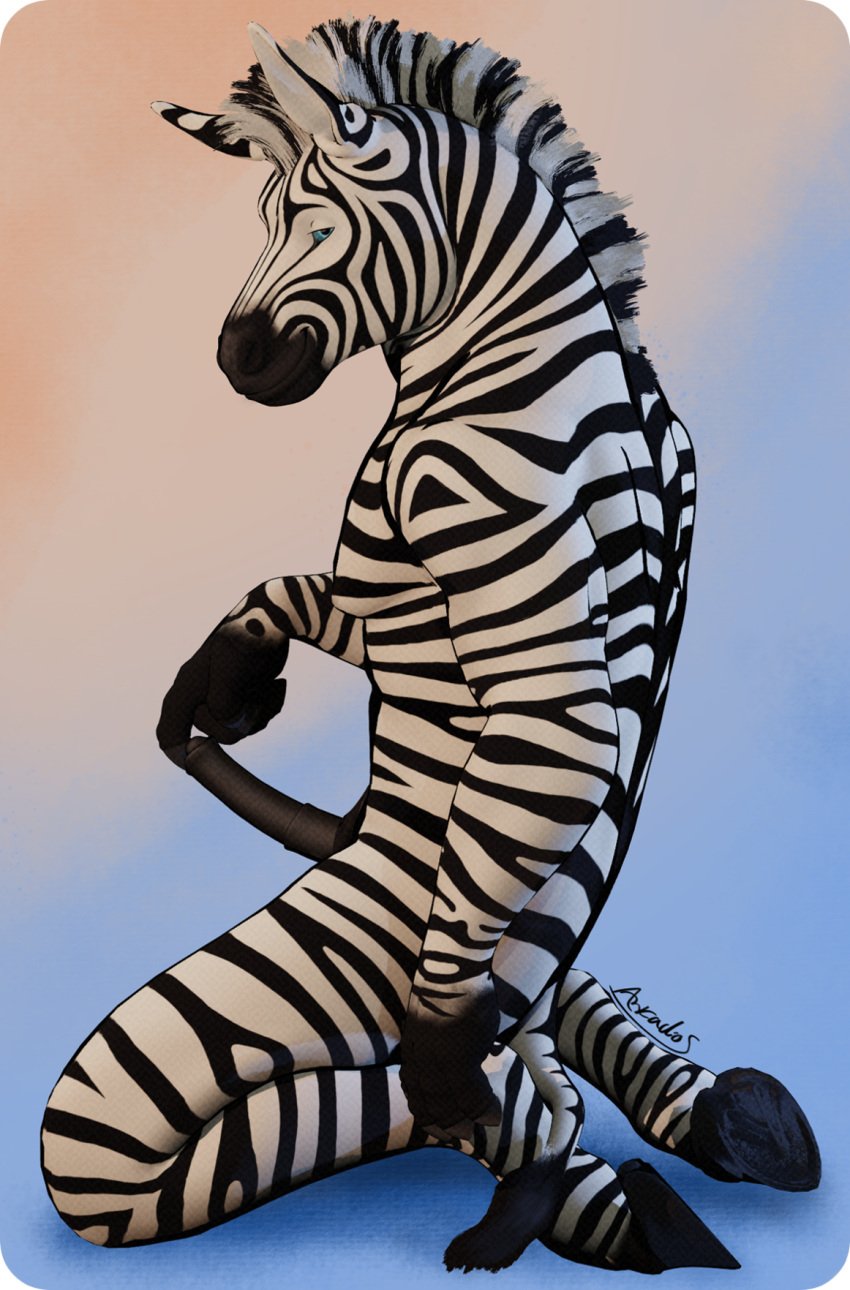 3d_(artwork) animal_genitalia anthro arkadios blue_eyes digital_media_(artwork) equid equine equine_genitalia fingers genitals hi_res hooved_fingers hooves male mammal simple_background solo tail unfinished zebra