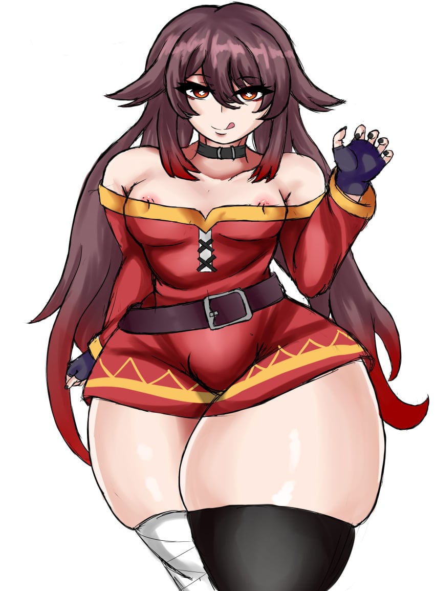 areolae big_thighs cosplay genshin_impact gigantic_thighs hu_tao_(genshin_impact) huge_thighs kono_subarashii_sekai_ni_shukufuku_wo! large_thighs massive_thighs megumin_(cosplay) nipples thick_thighs thighs wide_thighs yamikuror