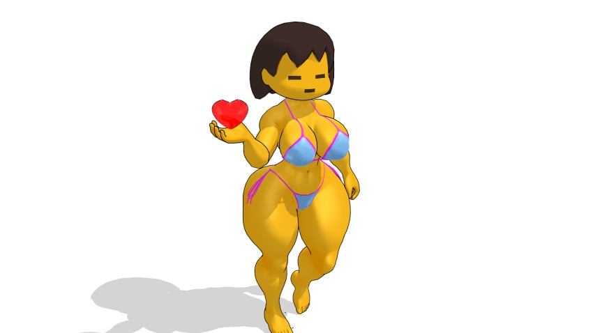 1girls 2024 3d 3d_(artwork) big_ass big_breasts bikini blank_expression blue_bikini breasts closed_eyes curvy curvy_female female female_frisk female_only frisk frisk_(undertale) heart hips jaratesmuseum mmd mob_face pink_string_bikini shadow solo_female soul swimsuit thick_hips thick_thighs thighs uncanny_valley undertale undertale_(series) white_background wtf yellow_skin