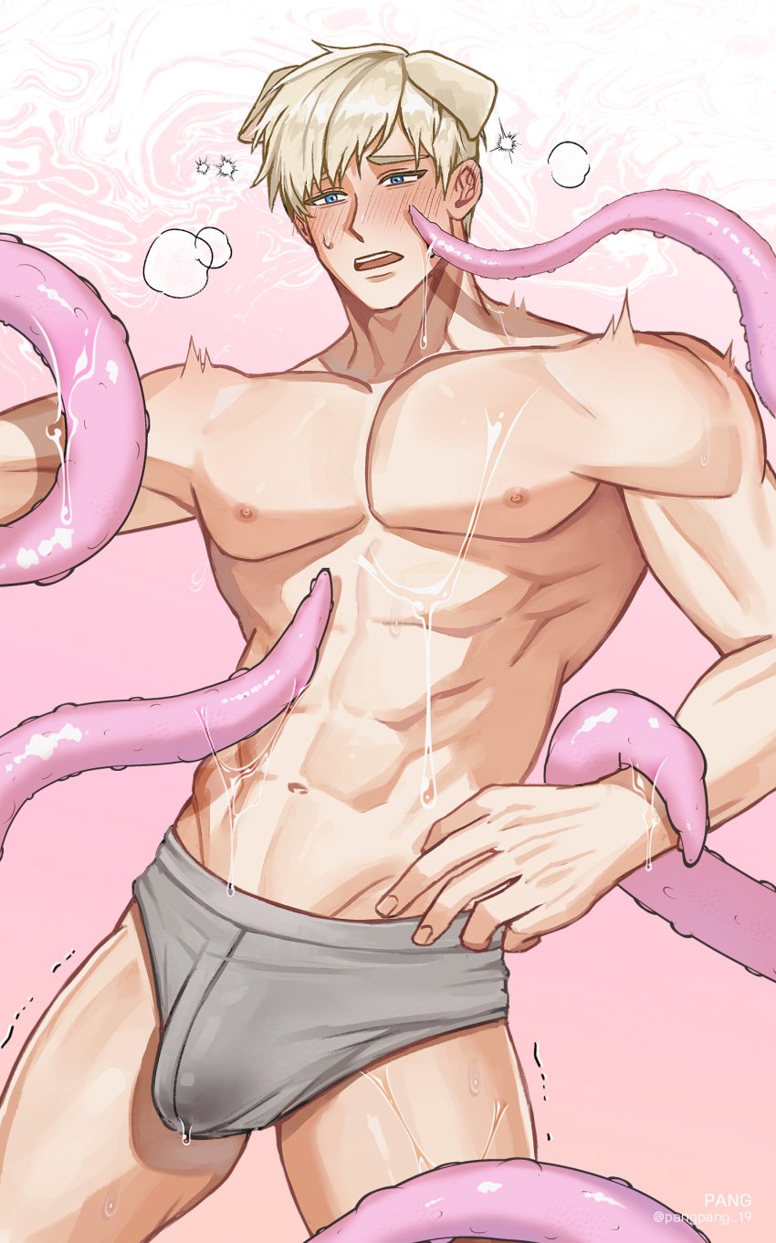 1boy abs animal_ears bara biceps blonde_hair blue_eyes blush breath briefs bulge commentary_request cowboy_shot dog_boy dog_ears ear_blush erection erection_under_clothes fingernails frown grey_male_underwear highres lottopmang male_focus male_underwear navel nipples no_pants nose_blush open_mouth original pectoral_cleavage pectorals pink_background precum short_hair solo sweatdrop teeth tentacle tentacles_on_male toned toned_male topless_male trembling twitching underwear upper_teeth_only very_short_hair watermark