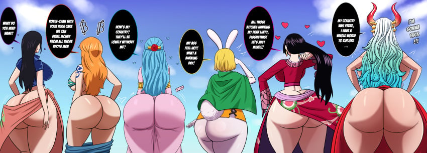 6girls anthro ass ass_cleavage ass_comparison ass_focus ass_in_dress ass_out backboob big_ass big_breasts black_hair blonde_hair blue_hair boa_hancock bottom_heavy breasts bubble_butt busty butt_crack carrot_(one_piece) clothing dat_ass dialogue dress fat_ass female female_only hands_on_hips height_difference huge_ass huge_breasts kibou-kage lagomorph large_ass large_breasts long_hair massive_ass nami nefertari_vivi nico_robin no_panties one_piece orange_hair pants pants_down png rabbit rear_view skirt skirt_aside skirt_up text thick_ass thick_thighs wide_hips yamato_(one_piece)