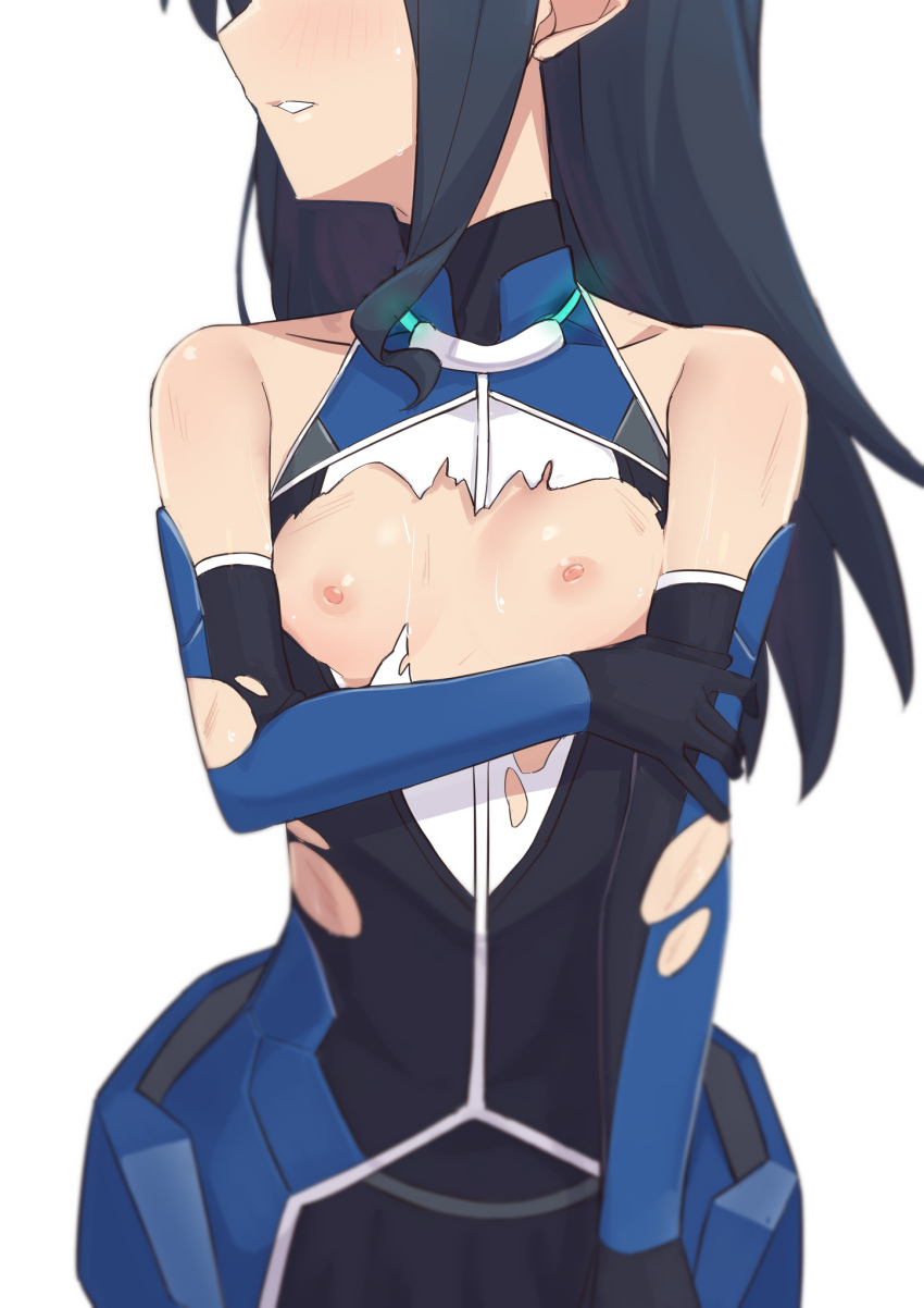 alice_gear_aegis blue_hair blush bodysuit breast_focus breasts eyes_out_of_frame female female_focus gloves highres holding_own_arm koashi_mutsumi long_hair morisobo nipples simple_background small_breasts solo standing torn_bodysuit torn_clothes white_background