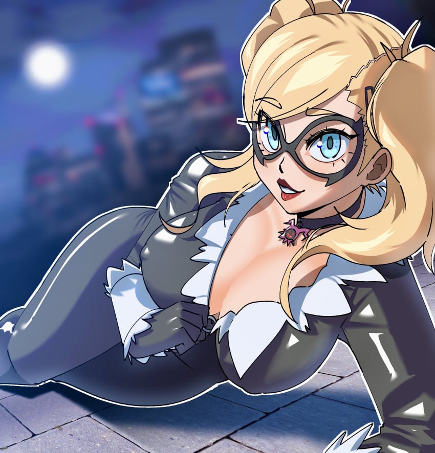 ann_takamaki atlus black_cat_(cosplay) blonde_hair breasts crossover female female_only gjh_1 looking_at_viewer marvel marvel_comics persona persona_5 solo spider-man_(series) unzipping