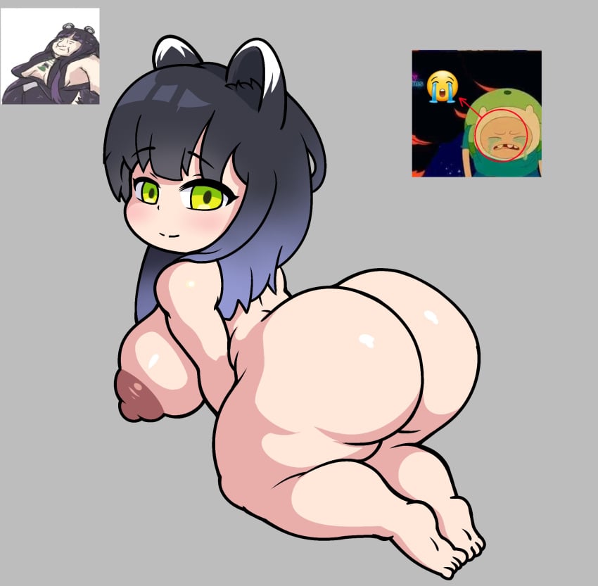 animal_ears big_ass big_breasts blue_archive chibi female female_only gray_background green_eyes large_ass large_breasts looking_at_viewer looking_back meme no_background only_female shun_(blue_archive) solo thick_thighs