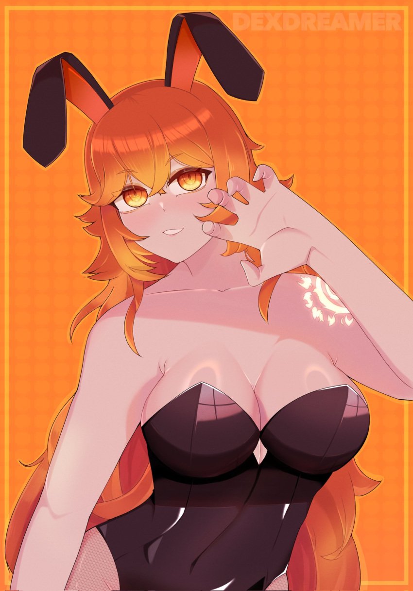 1girls apollo_(vtuber) blush breasts bunnysuit clothed dexdreamer fake_animal_ears fake_rabbit_ears female female_only huge_breasts light-skinned_female light_skin mythoshq orange_eyes orange_hair solo tattoo virtual_youtuber