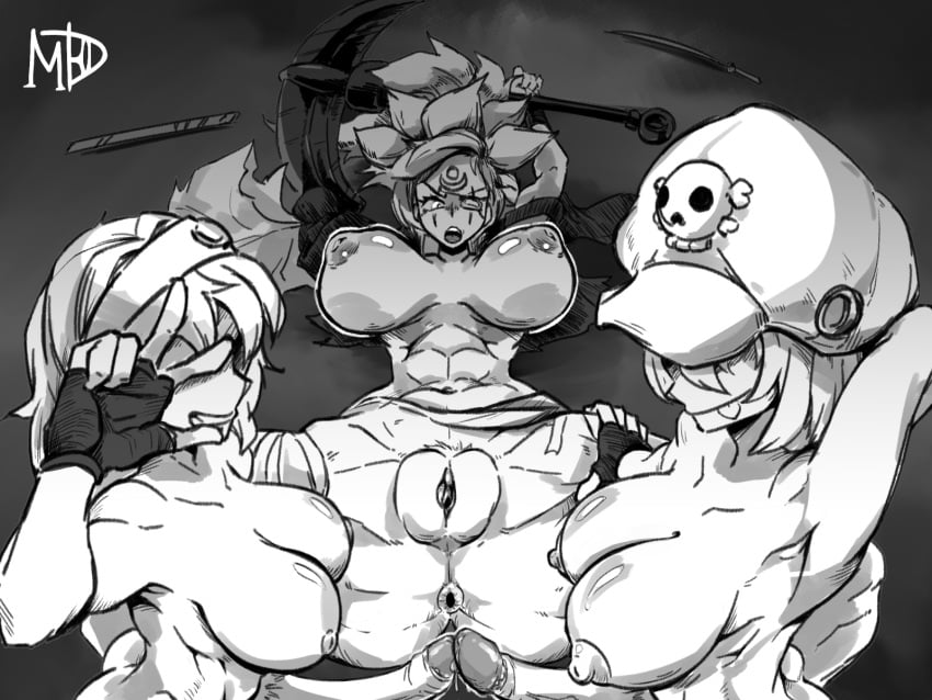 1girls 2futas about_to_fuck anchor baiken double_anal female futa_on_female futanari guilty_gear madd_horner may_(guilty_gear) monochrome stuck