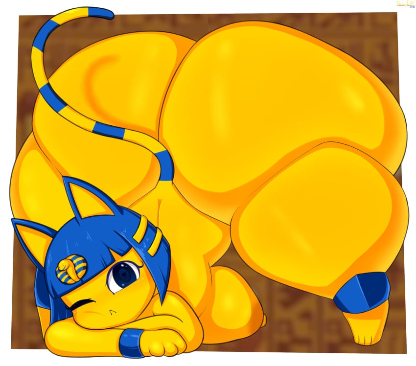 1girls 2024 animal_crossing animal_humanoid ankha ankha_(animal_crossing) anklet ass bending_over big_ass blue_eyes blue_hair breasts cat_ears cat_humanoid cat_tail dannyiac digital_media_(artwork) feline female female_focus female_only huge_ass jack-o_pose looking_at_viewer nipple one_eye_closed solo solo_female yellow_body yellow_nipples