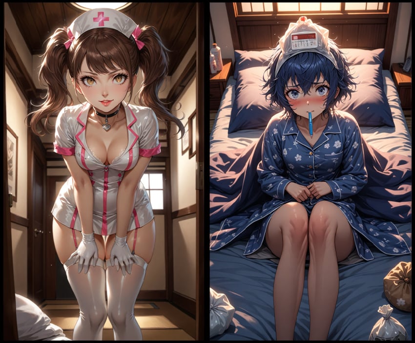 2_panel 2girls ai_generated atlus backlit bedhead bedside_table blanket blue_eyes blue_hair blush blushing_profusely breast_pocket brown_hair buttons clavicles cleavage cleavage_focus collared_dress collared_shirt dominant_female eyebrows eyebrows_hidden_by_hair eyebrows_raised eyelashes fanfic_art female_focus female_only fever garter_straps glossy_lips gloves hallway_in_background hands_on_thighs hands_together heart_choker heavy_blush high-angle_view ice ice_bag ice_on_head imminent_sex japanese_house knees_up kujikawa_rise lace-trimmed_bra lace_trim latex latex_clothing latex_gloves latex_legwear latex_nurse latex_stockings latex_thighhighs leaning_forward legs_together light_brown_eyes light_reflection long_sleeve_shirt looking_at_each_other looking_at_viewer low-angle_view medicine medicine_bottle megami_tensei mini_dress nervous nervous_face nervous_female nurse nurse_cap nurse_clothing nurse_headwear nurse_outfit nurse_uniform overhead_light pajama_shirt pajama_shorts pajamas persona persona_4 persona_4_the_golden pictures_in_background pink_lines pink_lips pov pov_eye_contact reaction_image roleplay seductive seductive_look seductive_smile sega shin_megami_tensei shiny_skin shipping shirogane_naoto short_hair short_sleeves shot_reverse_shot showing_off showing_off_breasts sick silhouette sitting sitting_on_bed skin_tight standing standing_in_doorway submissive_female suggestive suggestive_look suggestive_smile thermometer thermometer_in_mouth twintails white_clothing white_dress white_gloves white_latex white_latex_gloves white_latex_legwear white_latex_thighhighs white_legwear yuri zipper_down