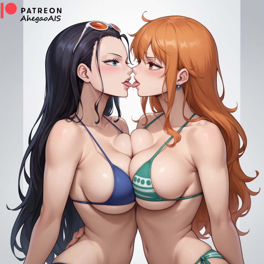 2girls ahegao_ai ai_generated big_breasts bikini bikini_bottom bikini_top french_kiss kissing nami_(one_piece) nico_robin one_piece sexy_pose tongue tongue_out