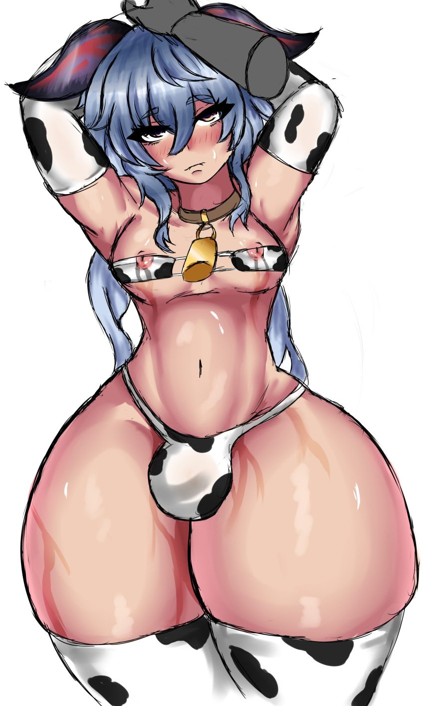 1futa areolae armpits arms_behind_head big_thighs blush cow_print cow_print_armwear cow_print_bikini cow_print_thighhighs disembodied_hand futanari ganyu_(genshin_impact) genshin_impact giant_thighs gigantic_thighs hand_on_head huge_thighs large_thighs massive_thighs navel nipples solo_futa thick_thighs thighs wide_thighs yamikuror