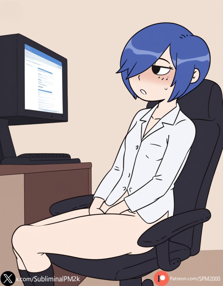 ai_generated blue_hair cartoon_network chair computer desk ed_edd_n_eddy female kanker_sisters marie_kanker partially_clothed solo solo_female spm2000 stockings tagme