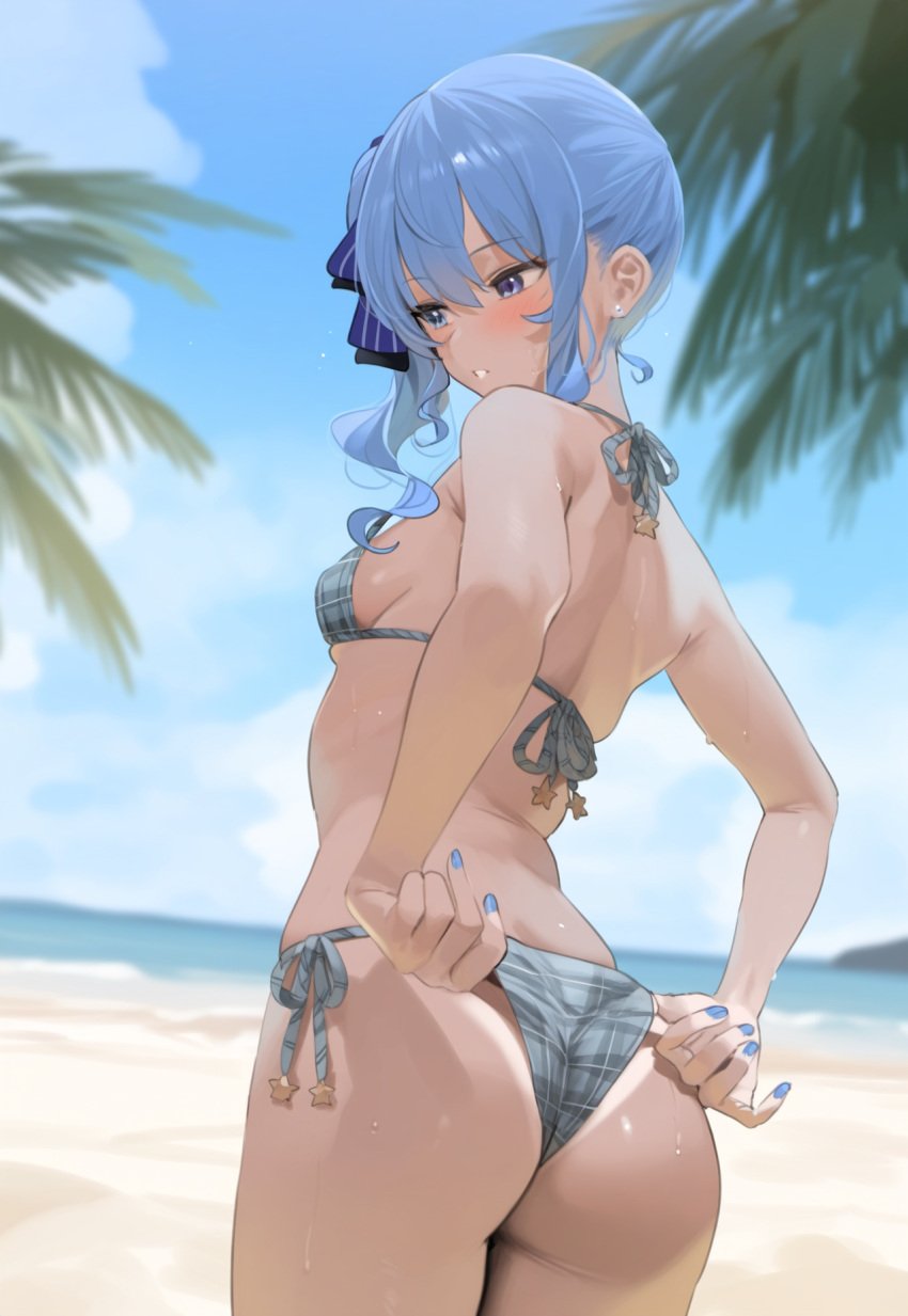 ai_generated all_fours armpits ass ass_focus back_muscles back_view bare_shoulders beach bent_over big_ass big_butt bikini bikini_aside bikini_pull bikini_tan blue_hair blush earrings hips hips_wider_than_shoulders hololive hoshimachi_suisei idol looking_at_viewer looking_back navel_rennat ribbon sideboob small_breasts sweatdrop sweaty swimsuit tan-skinned_female tan_body tan_skin tanned thick_thighs thigh_gap thighs tight_fit virtual_youtuber vtuber water