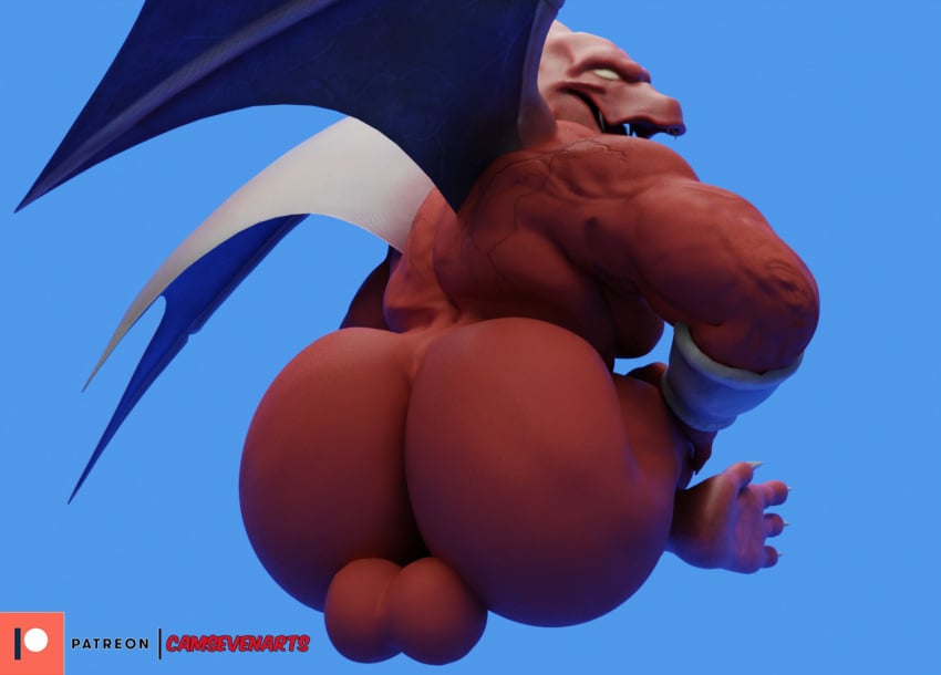 3d_(artwork) ass balls big_butt blender_(artwork) bracelet camseven capcom demon demon's_crest digital_media_(artwork) empty_eyes firebrand gargoyle gargoyle's_quest genitals ghosts_'n_goblins hi_res huge_butt jewelry male male_only marvel_vs._capcom_infinite membrane_(anatomy) membranous_wings muscular nude patreon presenting presenting_hindquarters rear_view red_arremer red_body simple_background sitting solo wings