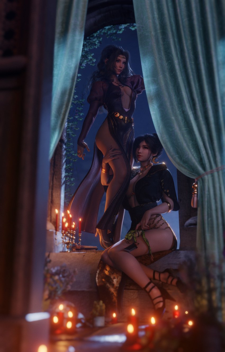 2girls 3d 4k aerith_gainsborough black_hair blender bracelet brown_hair candles curtains dress earrings female female_only final_fantasy final_fantasy_vii final_fantasy_vii_remake green_eyes halloween hand_on_thigh high_heels highres moonlight necklace night red_eyes ria-neearts sitting square_enix standing thigh_gap thighs tiara tifa_lockhart witch yuri