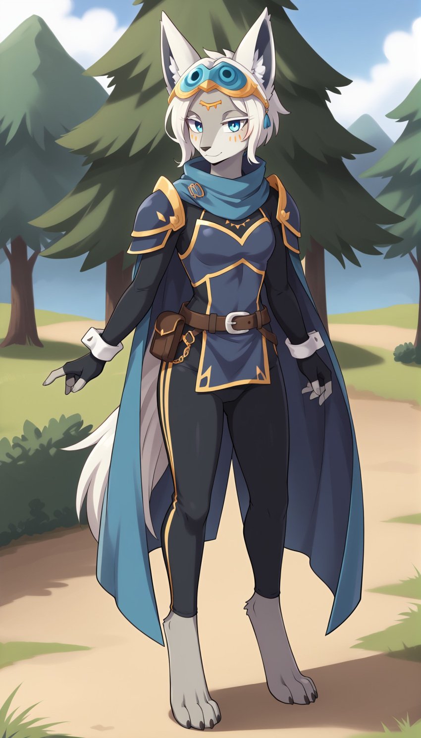 1girls 2024 ai_generated anthro armor blue_eyes cape clothed digitigrade female female_only fire_emblem_awakening grey_body hi_res inner_ear_fluff looking_at_viewer lucina_(fire_emblem)_(cosplay) mineru nintendo outdoors short_hair smile the_legend_of_zelda the_legend_of_zelda:_tears_of_the_kingdom white_fur zonai