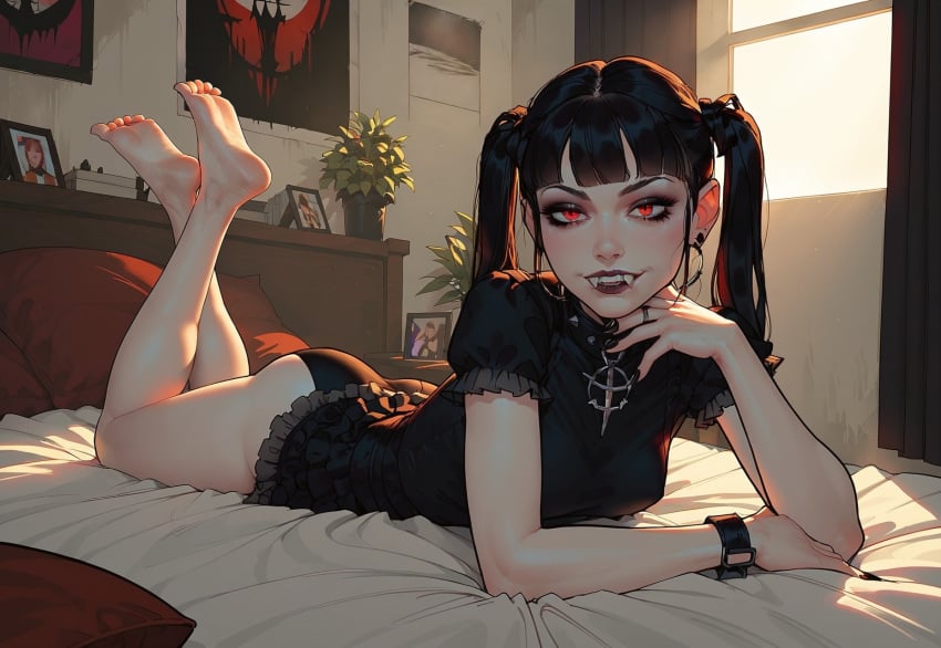 ai_generated bedroom fangs feet feet_together feet_up goth laying_on_bed laying_on_stomach red_eyes twintails vampire