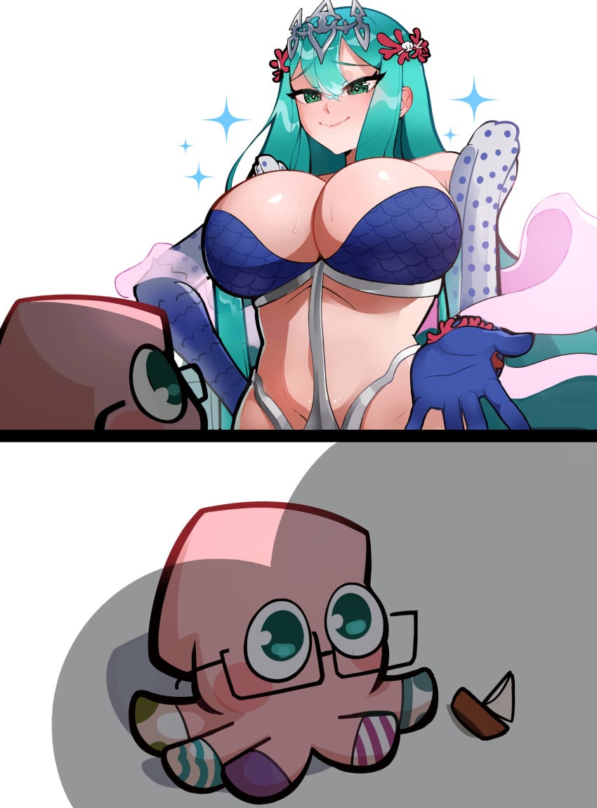 1animal 1girls 2koma aqua_eyes belly_button blush bra breasts cleavage fan_mascot_(vtuber) female female_only glasses hug_invitation huge_breasts inviting kodoggo light-skinned_female light_skin liquid_hair mythoshq poseidon_(vtuber) smile solo tiara virtual_youtuber water_hair wholesome