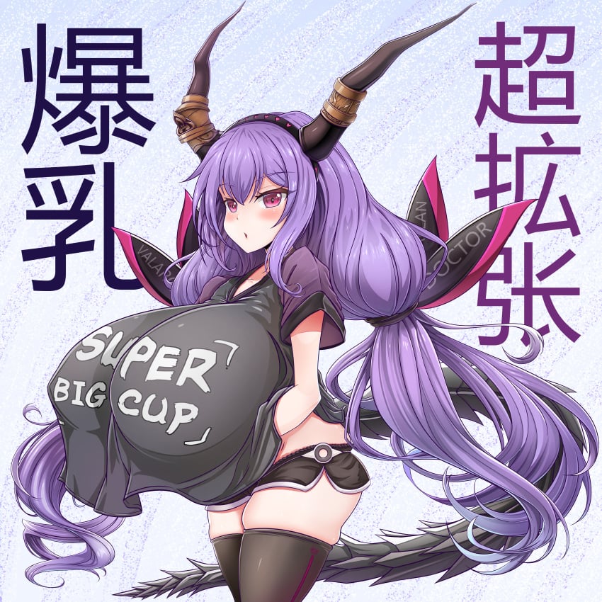 1girl arknights artist_request black_shirt black_thighhighs blush breasts_bigger_than_head female hairband horns huge_breasts long_hair purple_hair red_eyes sarkaz short_shorts solo tail thighhighs twintails typhon_(arknights) white_background