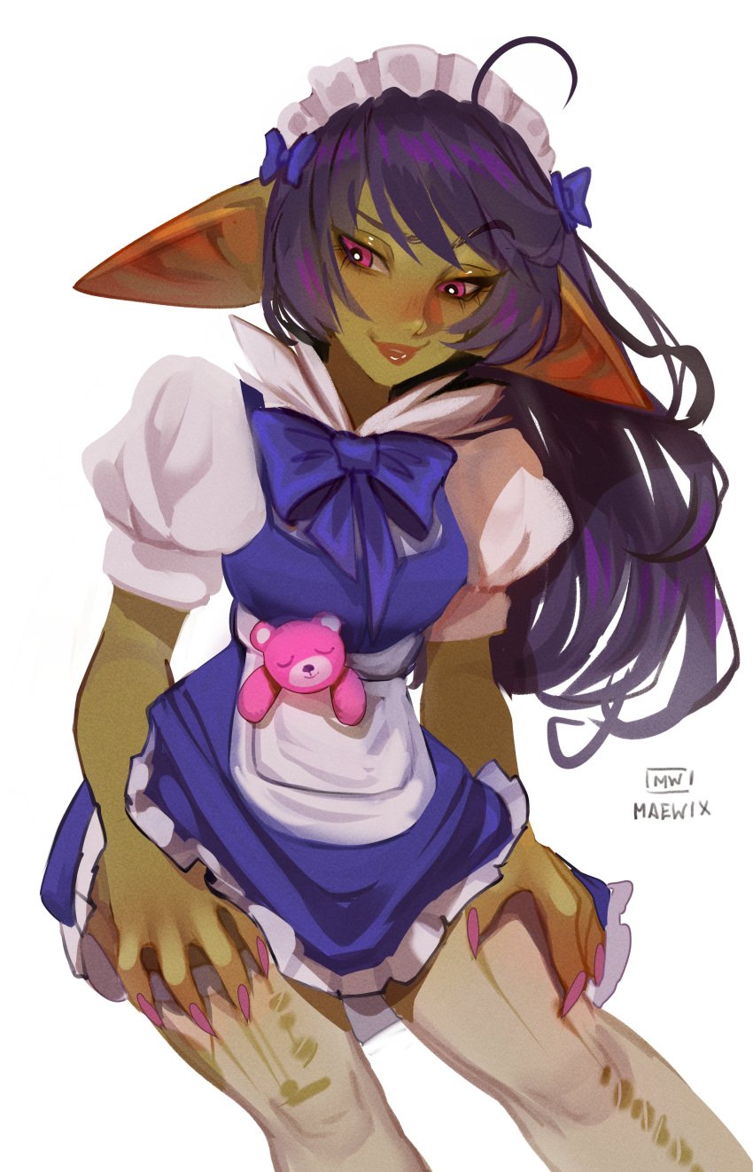 1girls absurd_res big_ears black_hair blush clothing female female_only goblin goblin_female gobtober gobtober_2024 green_skin hair_ribbon long_hair maewix1 maid_headdress maid_uniform neck_ribbon pink_eyes pink_nails pointy_ears sharp_fingernails smiling solo stockings torn_stockings white_background white_stockings