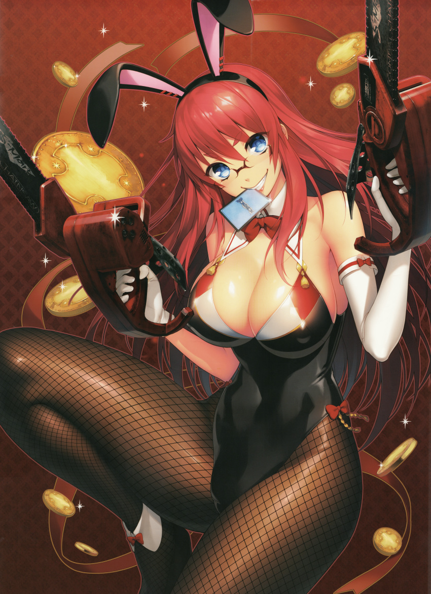 absurdres animal_ears breasts chainsaw coin female fishnets glasses highres kibanohara_ethica large_breasts nitroplus non-web_source playboy_bunny rabbit_ears red_hair ribbon tokyo_necro