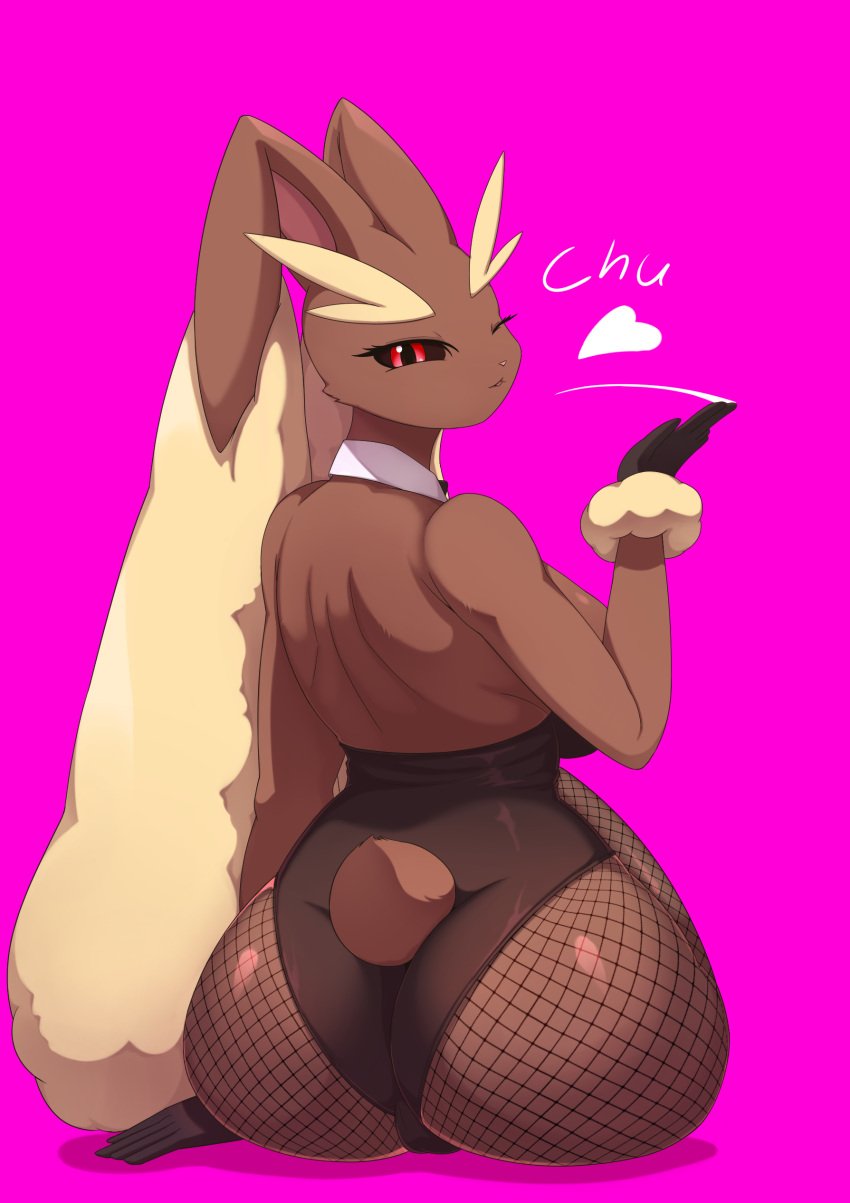 absurd_res anthro ass big_butt biped breasts brown_body clothed clothing female generation_4_pokemon heart_symbol hi_res looking_at_viewer looking_back lopunny nintendo pokemon pokemon_(species) purple_background simple_background sitting solo son2j