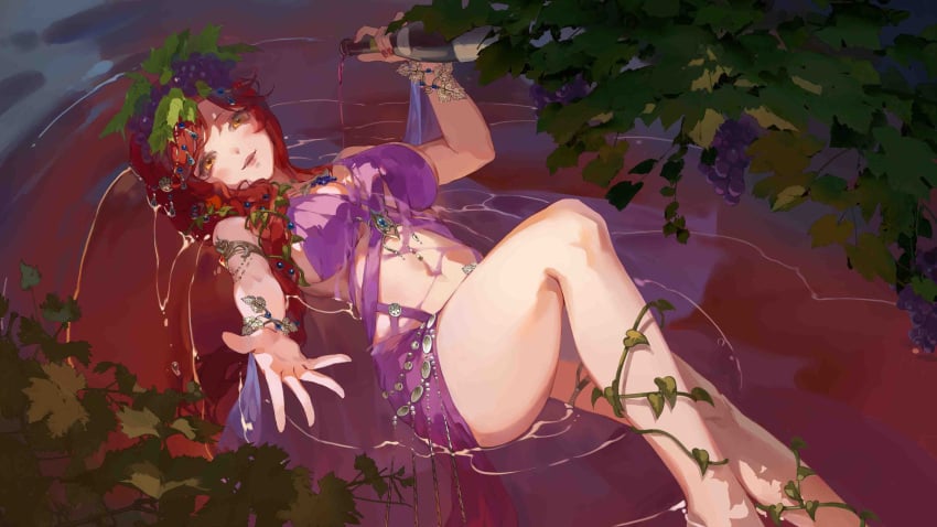 1girls belly_button bottle breasts clothed clothing dionysus_(vtuber) huge_breasts light-skinned_female light_skin liulian mythoshq outdoors red_hair virtual_youtuber water wet wine wine_bottle yellow_eyes