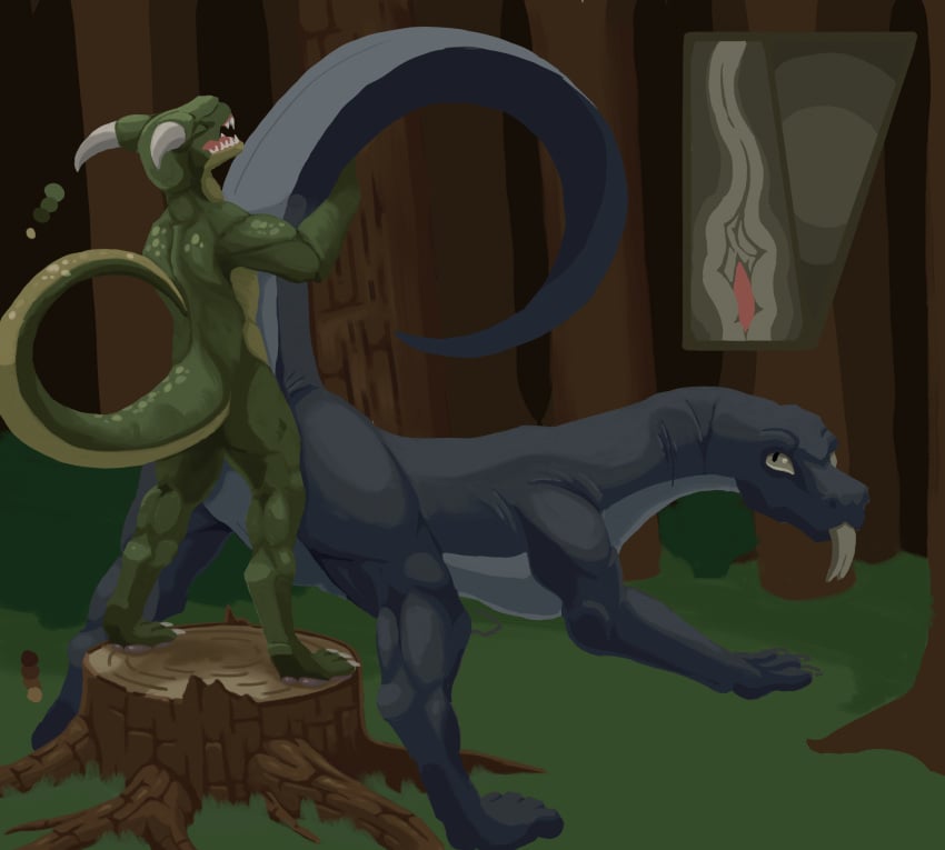 anthro anthro_on_feral anthro_penetrating closed_eyes duo female feral feral_penetrated forked_tongue grass hi_res internal kobold lizard looking_back male male/female mustard_(welcometothevoid) open_mouth outside penetration plant raised_tail reptile scalie size_difference standing_on_object tail tongue tongue_out tree zoophilia