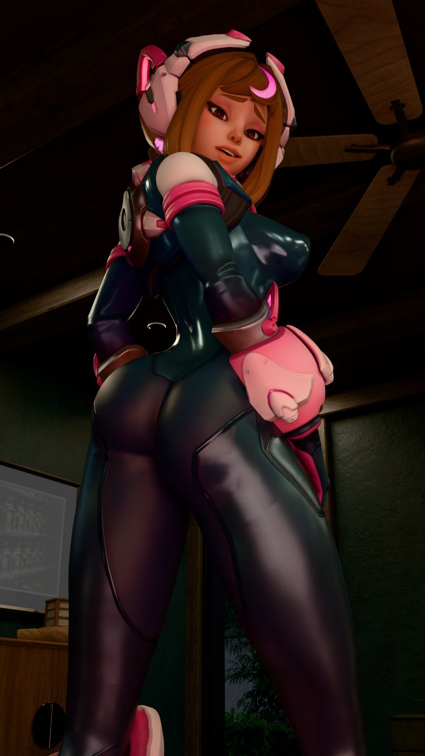 1girls 3d juno_(overwatch) looking_at_viewer my_hero_academia nishikt ochako_uraraka_(hero_outfit) overwatch presenting_ass uravity_juno