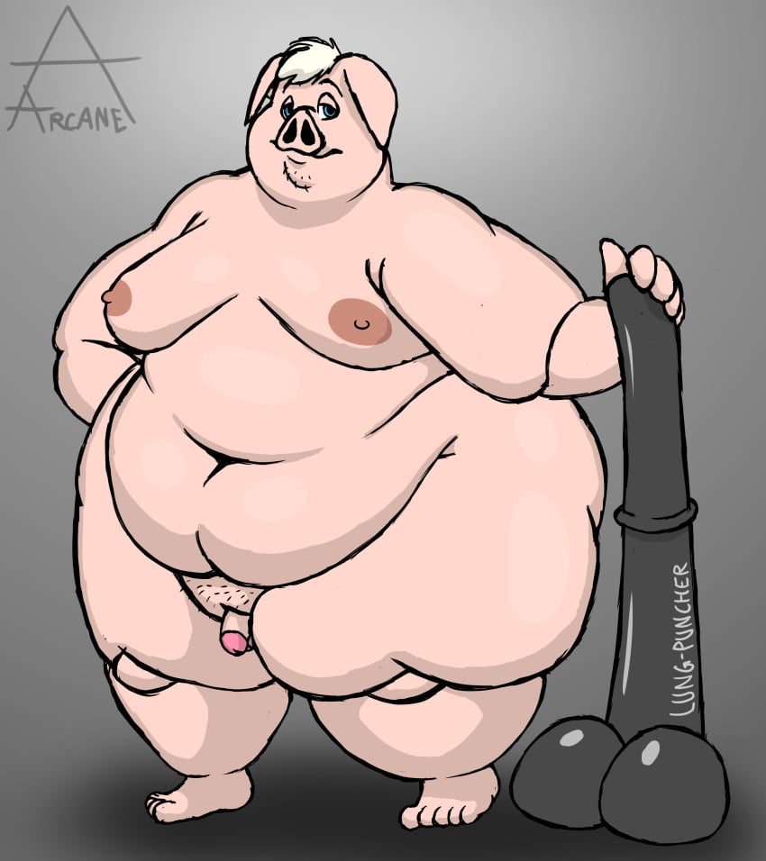 2024 absurd_res animal_genitalia animal_penis anthro arkaneanarchist_(artist) ass bald balls belly big_belly big_breasts big_butt blue_eyes breasts colored curled_tail digital_drawing_(artwork) digital_media_(artwork) dildo domestic_pig equine_genitalia equine_penis facial_hair fatpad fupa genitals hair hand_on_object hi_res holding_dildo holding_object holding_sex_toy huge_butt huge_hips huge_thighs humanoid_genitalia humanoid_penis hyper hyper_dildo hyper_sex_toy looking_at_viewer male mammal micropenis moobs navel nipples nude obese obese_anthro obese_male overweight overweight_anthro overweight_male penis pink_body pink_skin pubes rear_view sex_toy shaded simple_background small_penis smile solo standing suid suina sus_(pig) tail thick_thighs watermark white_hair wide_hips