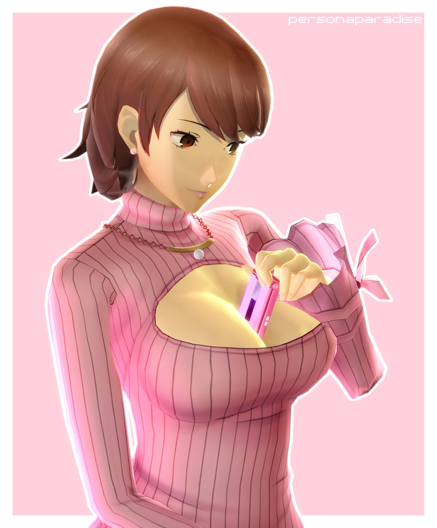 big_breasts brown_hair hourglass_figure huge_breasts long_sleeves looking_away necklace object_between_breasts persona persona_3 personaparadise short_hair skirt slim_waist teenager tight_fit tight_skirt wide_hips yukari_takeba