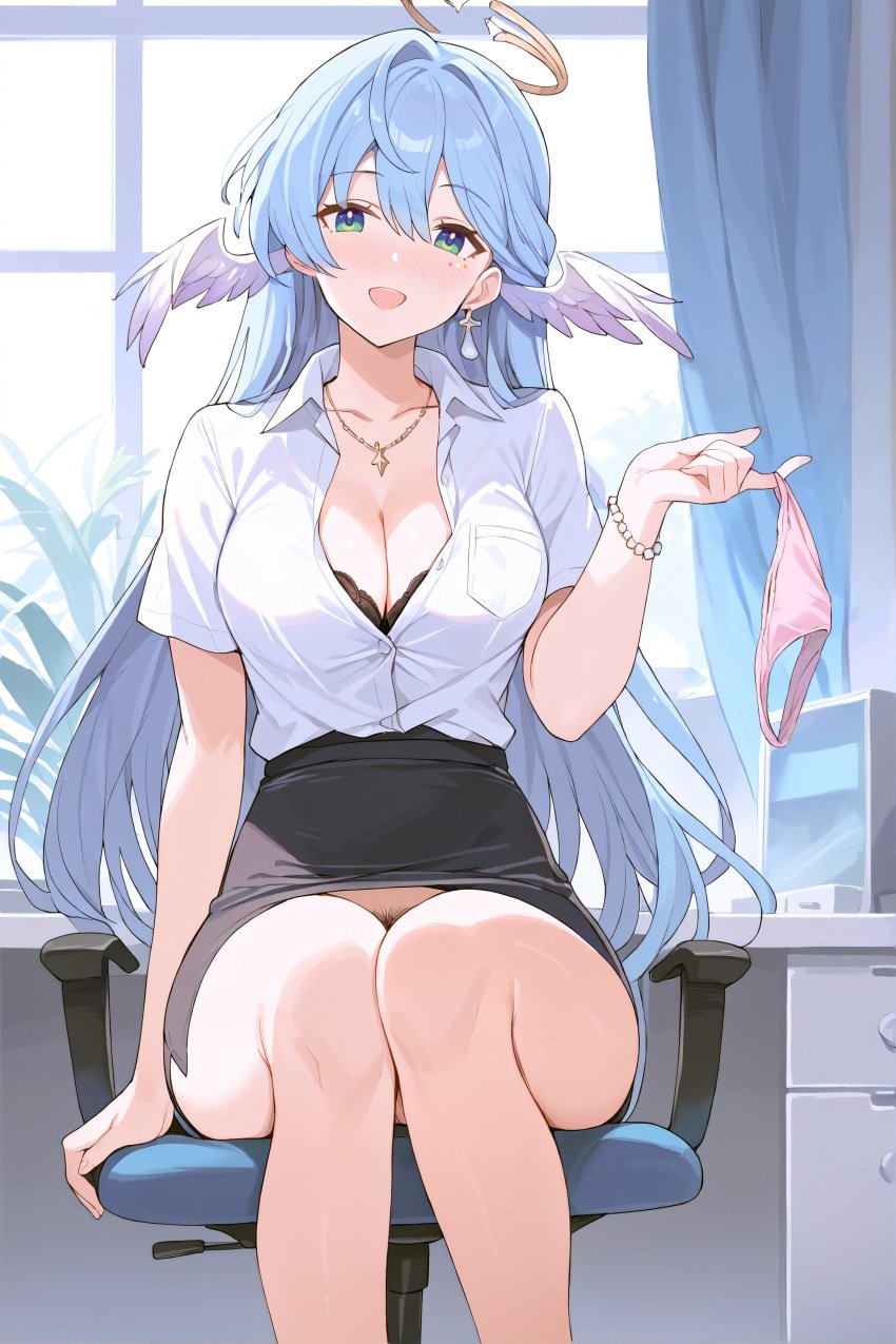 1girls angel angel_wings blonde_hair bra breasts cleavage female green_eyes honkai:_star_rail naughty_face no_panties office_lady panties pink_panties pubic_hair removing_panties robin_(honkai:_star_rail) seductive seductive_look seductive_smile skirt teasing unbuttoned underwear