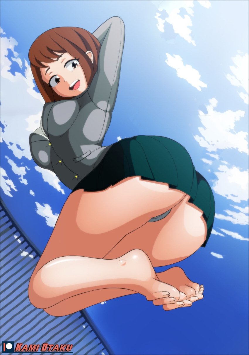 1girls ass barefoot breasts brown_eyes brown_hair bubble_butt clothed clothes dat_ass feet female female_only female_solo kami_otaku my_hero_academia ochako_uraraka open_mouth outdoors outside panties school_uniform schoolgirl schoolgirl_uniform short_hair solo solo_female solo_only white_skin