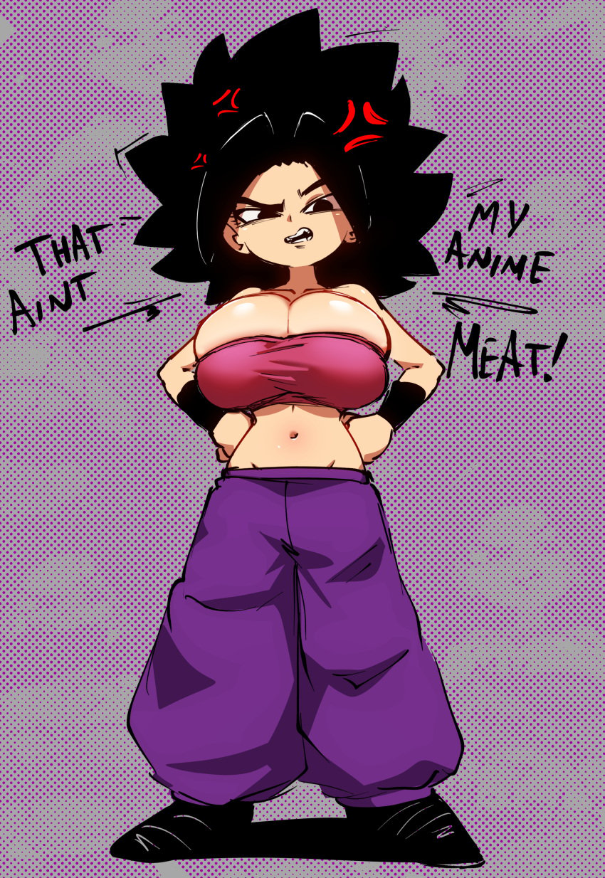 1girls alternate_breast_size anger_vein annoyed_expression baggy_pants black_eyes black_hair bursting_breasts caulifla cleavage dialogue dragon_ball_super full_body fully_clothed hands_on_hips huge_breasts jellot looking_at_viewer midriff navel suxowell tubetop wild_hair