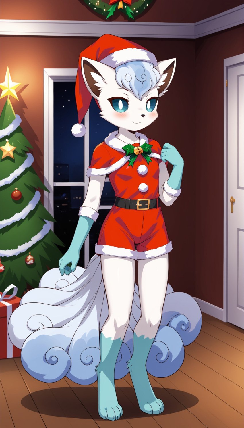 1girls 2024 ai_generated alolan_vulpix anthro blue_eyes blue_fur blushing christmas christmas_outfit christmas_tree cute digitigrade female female_only generation_1_pokemon generation_7_pokemon hi_res holidays indoors inner_ear_fluff looking_at_viewer multiple_tails night nintendo pokemon pokemon_(species) regional_form_(pokemon) santa_hat smile white_fur