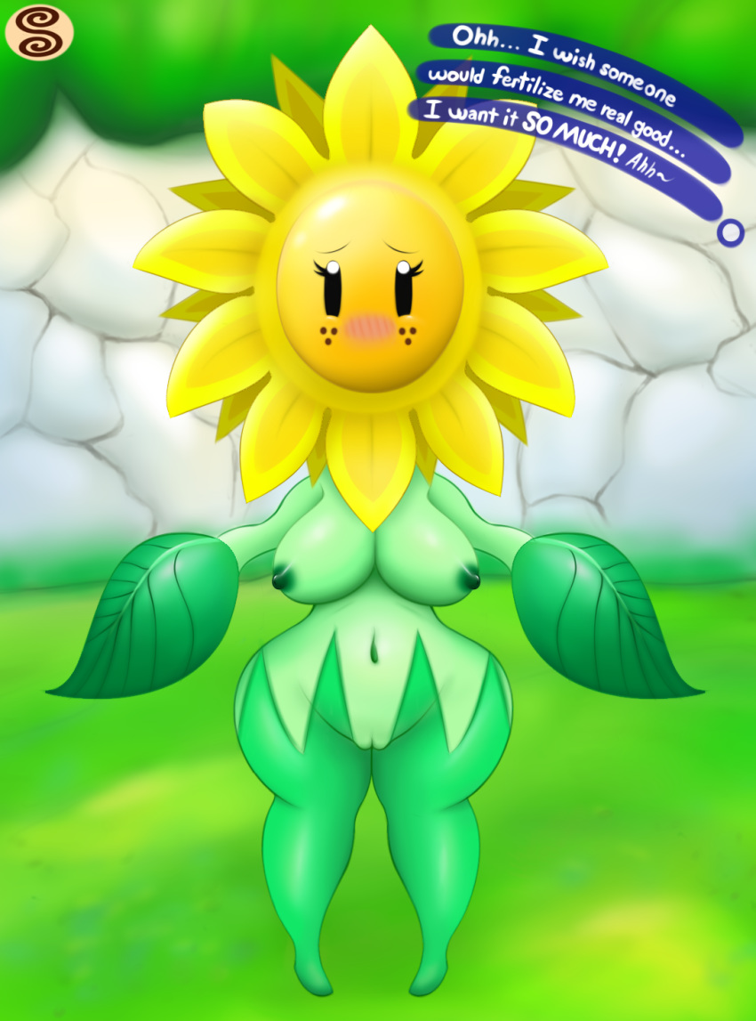 1girls black_eyes blush breasts dialogue english_text erect_nipples eyelashes female female_only flora_fauna flower freckles green_body humanoid looking_at_viewer mario_(series) mouthless naked navel nintendo nipples nude outdoors outside plant plant_humanoid pussy solo standing sunflower sunflower_kid super_mario_sunshine swizzle text thick thick_thighs thighs video_games wide_hips