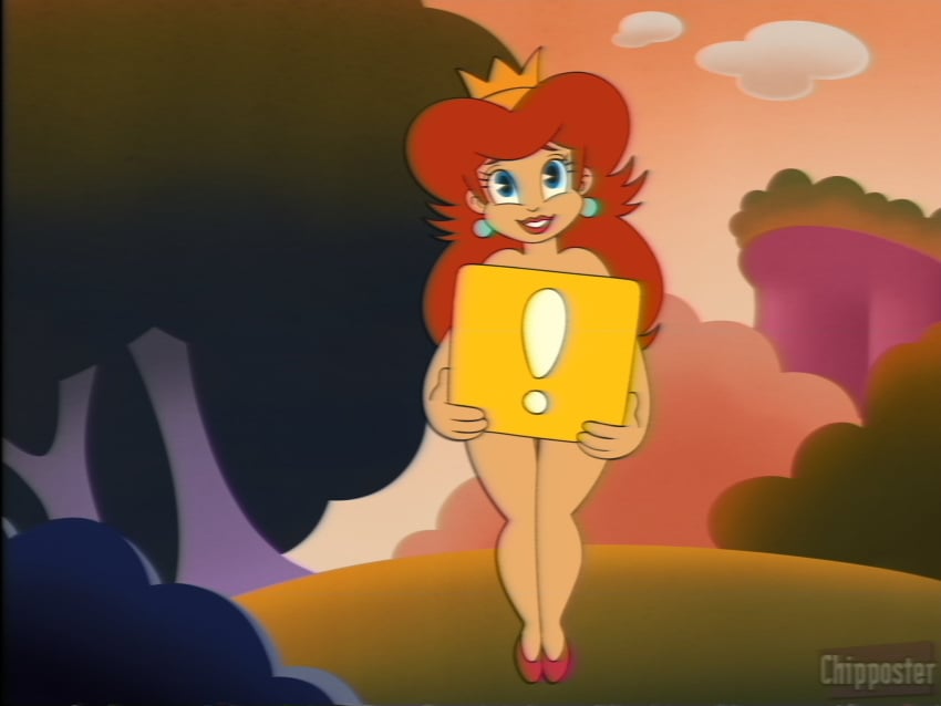 !_block 1girls accurate_art_style blue_eyes chipposter crown dic_entertainment earrings fake_screencap female female_only heels holding_object human light-skinned_female light_skin lips lipstick long_hair mario_(series) naked nintendo nude outdoors princess_toadstool princess_toadstool_(dic_cartoons) red_hair red_heels red_lipstick solo standing the_super_mario_bros._super_show! thick thick_hips thick_thighs wide_hips