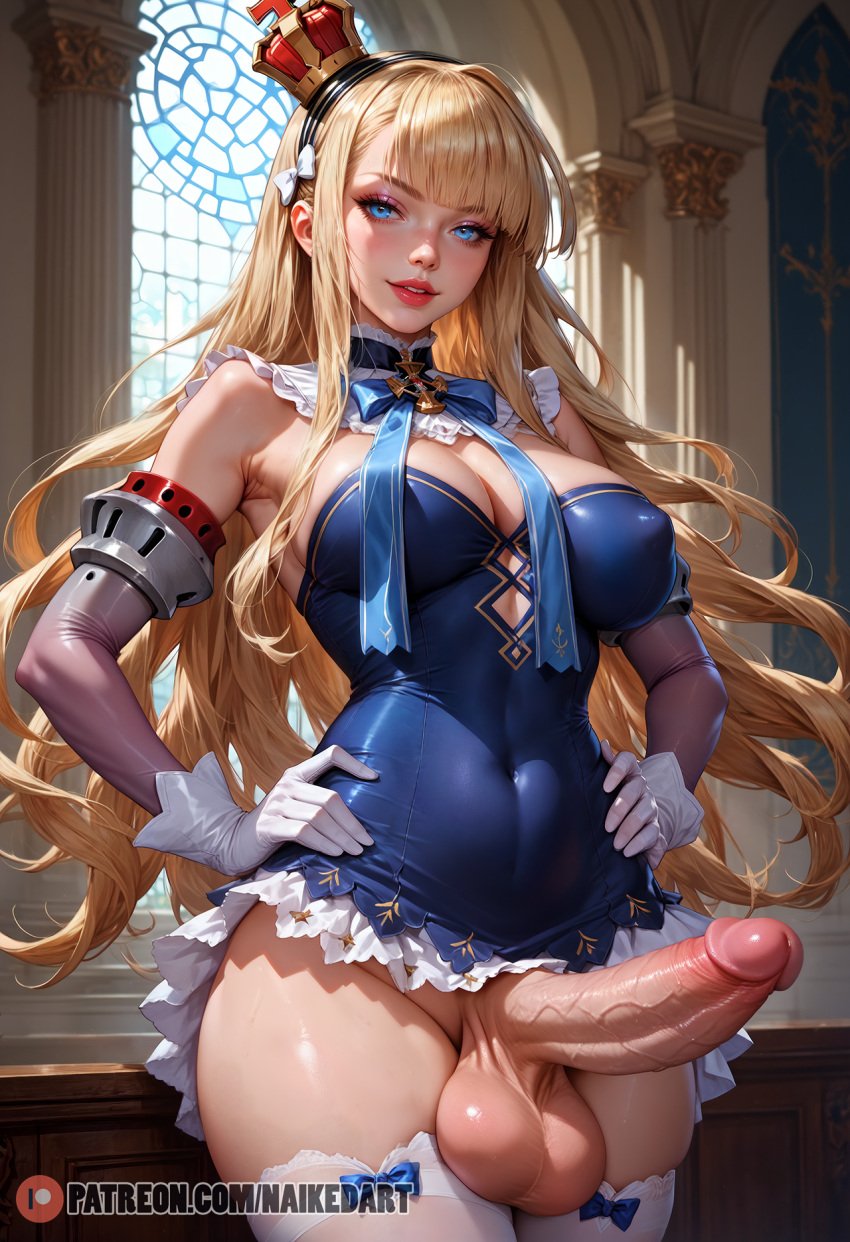 ai_generated azur_lane big_balls big_penis futa_sans_pussy futanari hands_on_hips hyper hyper_balls hyper_penis intersex naikedart queen_elizabeth_(azur_lane) solo stable_diffusion