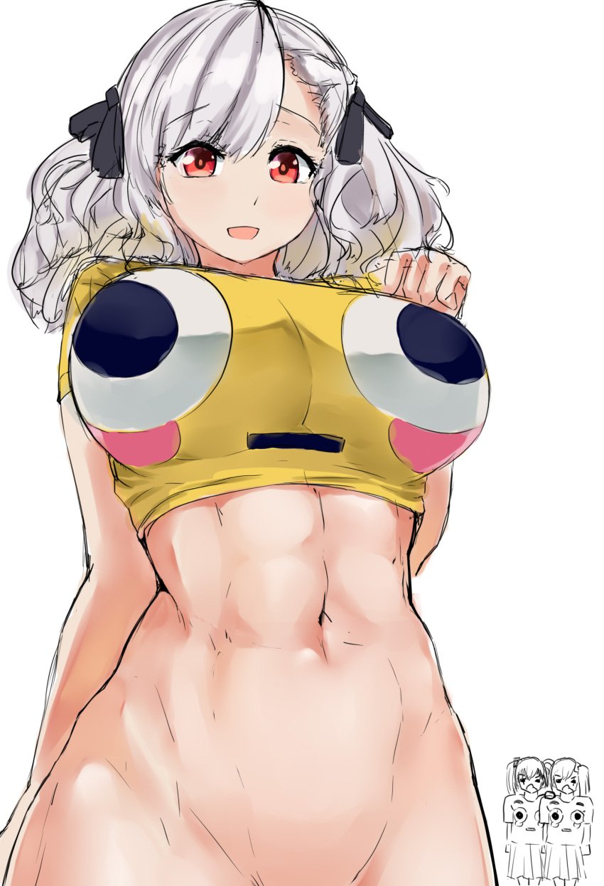 1girls artist_request female female_focus huge_breasts light-skinned_female light_skin meme ribbon stomach stretched_clothing waist white_hair