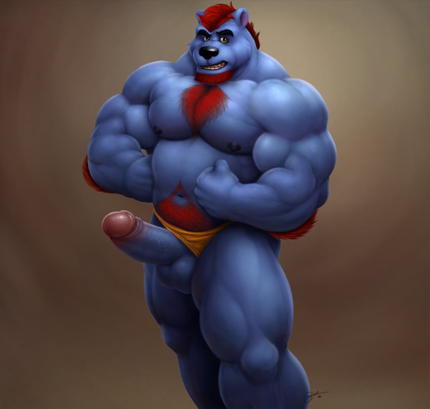 1boy anthro bear beard big_muscles braford clothed clothing erection facial_hair flexing fur hairy half-dressed huge_muscles male male_only mammal muscles nipples pecs penis pose smile solo teeth thong