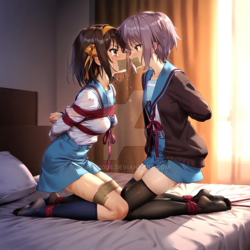 2girls ai_generated arms_tied_behind_back bondage bound_ankles bound_legs brown_eyes brown_hair gag gagged kneeling looking_at_another multiple_subs nagato_yuki on_bed purple_hair suzumiya_haruhi suzumiya_haruhi_no_yuuutsu tape_gag