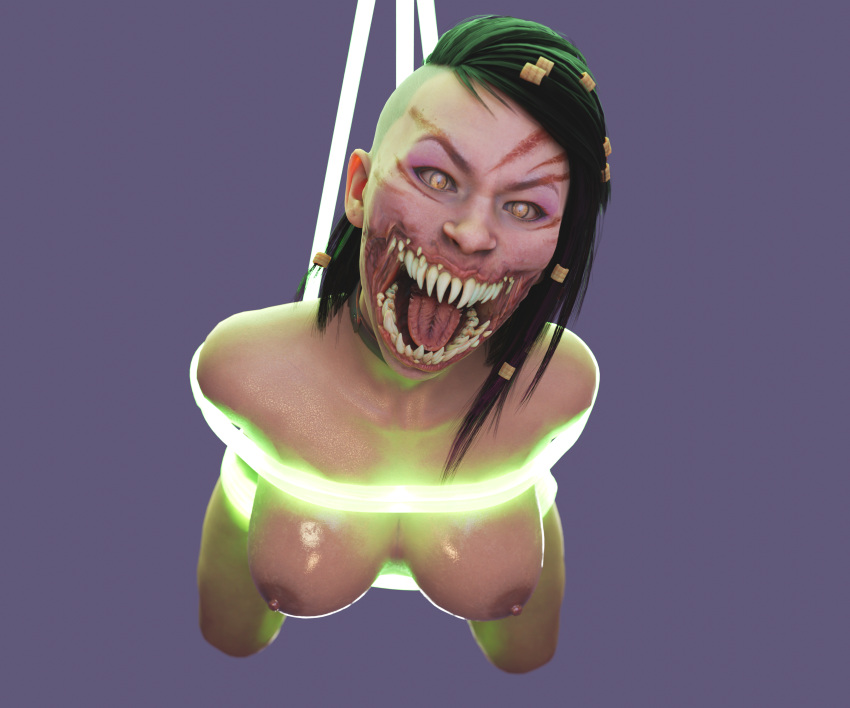 angry big_breasts black_hair looking_at_viewer mileena monster_girl mortal_kombat mortal_kombat_11 rope rope_bondage shulyque teeth tongue_out