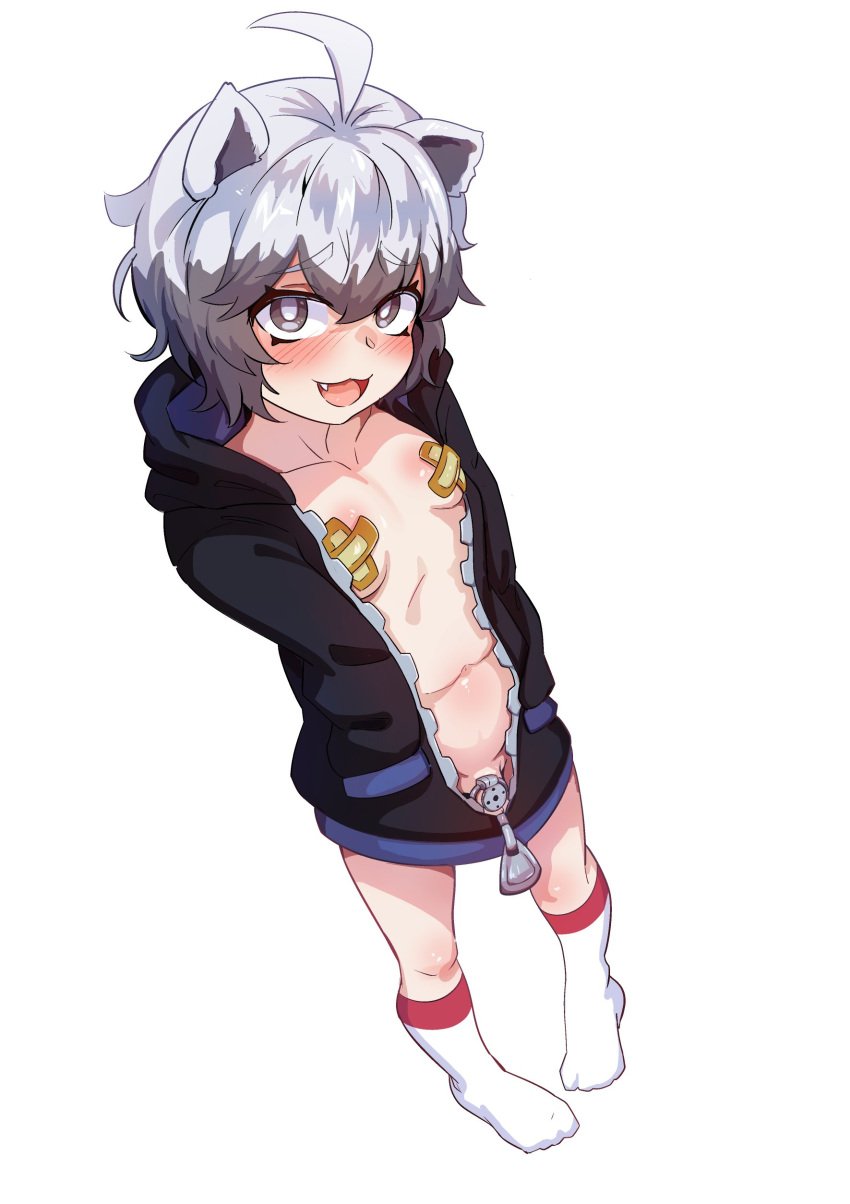 1boy badger balls bottomless chastity chastity_cage chastity_device femboy gigibadger hoodie hoodie_only jackrockhardt male male_only nipple_pasties small_breasts socks solo solo_male tagme virtual_youtuber