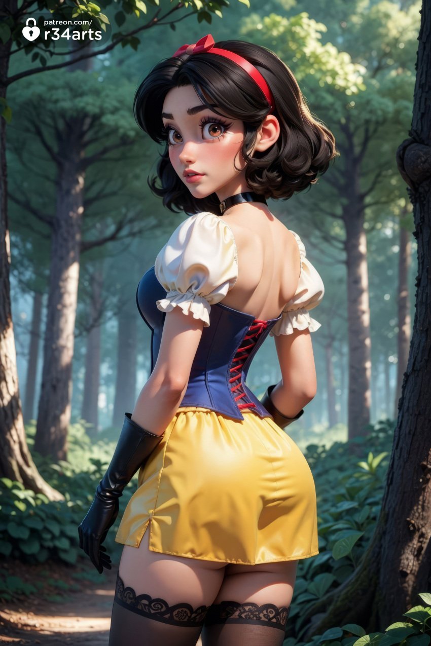 1girls ai_generated artist_name ass back black_choker black_gloves black_hair black_thighhighs bow breasts brown_eyes choker corset cross-laced_clothes disney disney_princess forest from_behind gloves hairband hi_res lips looking_at_viewer looking_back miniskirt nature outdoors parted_lips puffy_short_sleeves puffy_sleeves r34arts red_bow red_hairband short_hair short_sleeves skirt snow_white_(disney) snow_white_and_the_seven_dwarfs solo standing thighhighs tree web_address yellow_skirt zettai_ryouiki