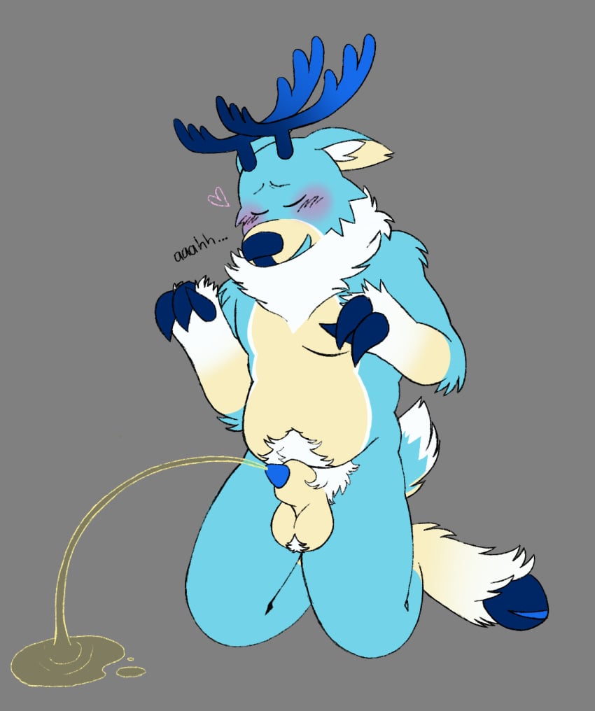 animal_genitalia animal_penis anthro antlers balls blue_antlers blue_body blue_hooves blue_nose blue_penis blush blush_lines bodily_fluids body_hair cervine_genitalia cervine_penis closed_eyes countershading deer genital_fluids genitals grey_background hairy_balls hi_res hooves horn inner_ear_fluff male mammal markings neck_tuft new_world_deer open_mouth peeing penis penis_tip pink_blush pubes reindeer relieved sawsbuck_69 scut_tail sheath short_tail sighing simple_background smile solo sound_effects tail tan_body tan_countershading tan_markings tidal_(sawsbuck_69) tuft urine urine_on_ground urine_stream watersports white_body_hair white_inner_ear_fluff white_markings white_pubes