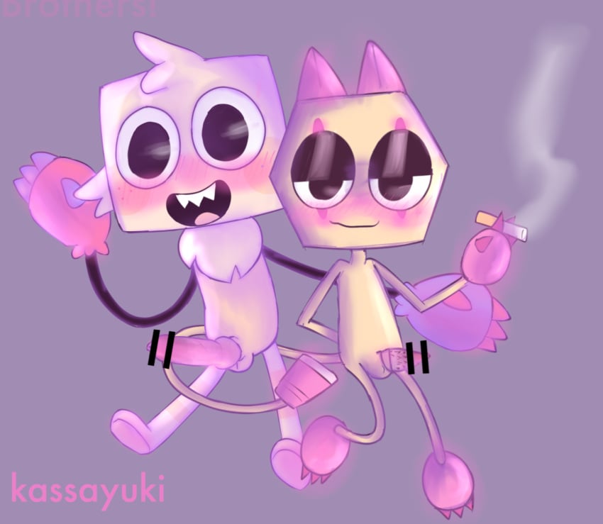 2boys artist_name brothers cat_ears cat_penis censored cigarette dandy's_world dog_penis doggy_style female_to_male game genderswap genderswap_(mtf) goob_(dandy's_world) happy kassayuki male male_only no_humans no_sex nude_male older_brother penis_size_difference roblox roblox_game rule63 rule_63 scraps_(dandy's_world) self_upload simple_shading toony younger_brother